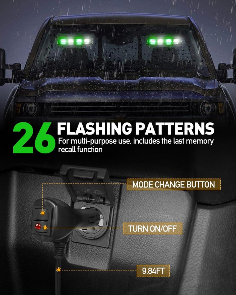 HLauto 2002L Emergency Dash Strobe Lights: Green White Safety Lights, Flashing Warning Hazard Windshield Visor Traffic Light Bars for Trucks, Construction Vehicles (2x8.5 inch, 48LED) - Image 4